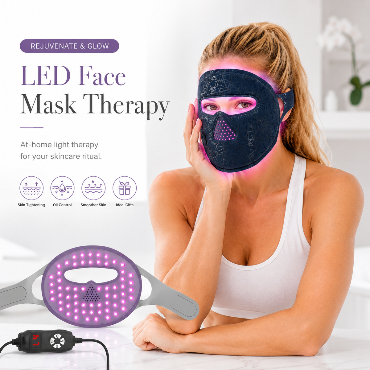 Ad showing a woman wearing a red light therapy mask and benefits.