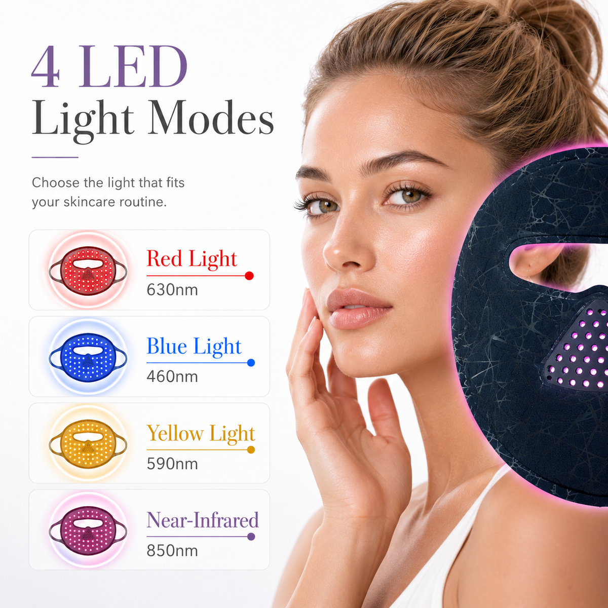 A woman looking at the camera and a list f the LED light modes.