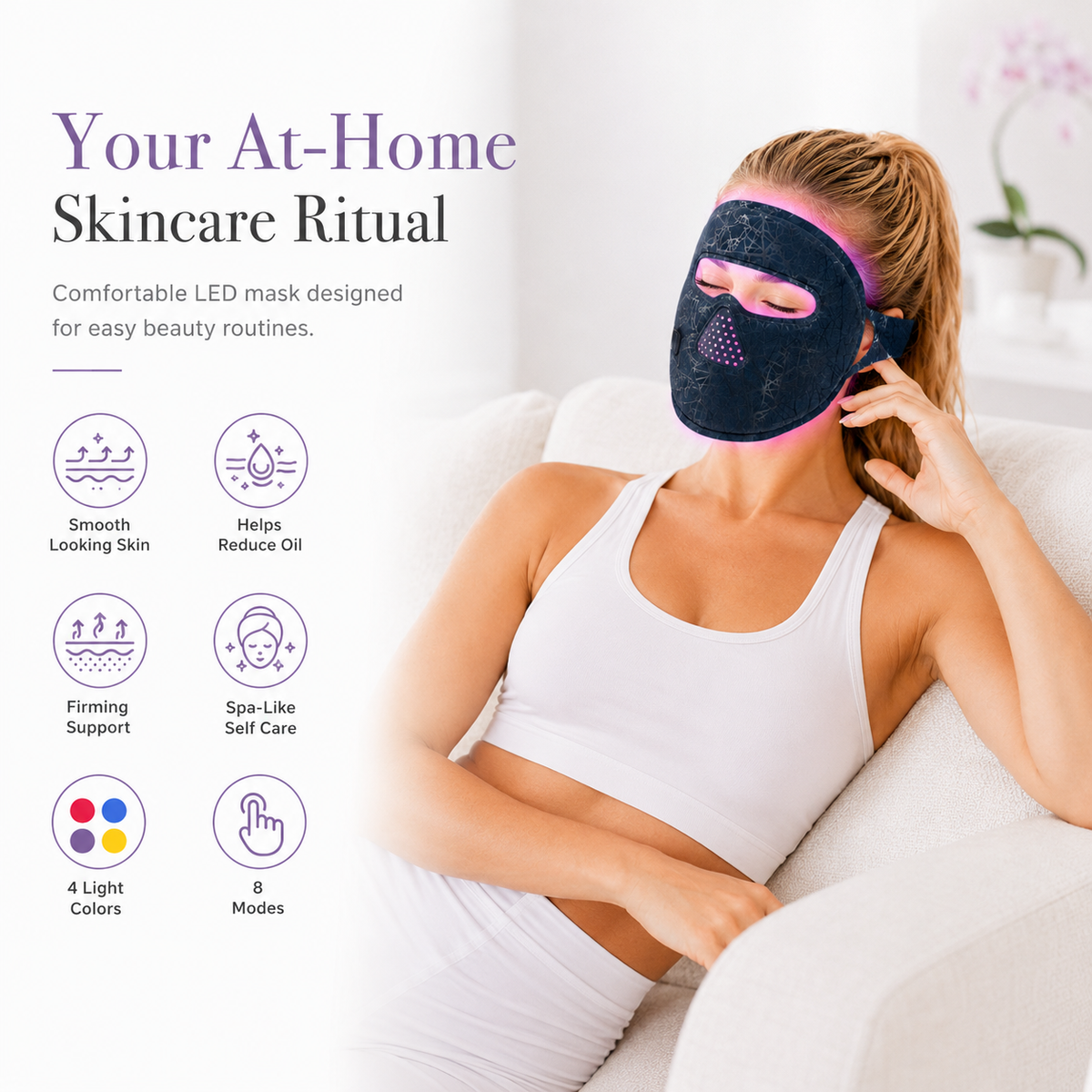 A woman wearing a red light therapy mask while relaxing, and graphics showing benefits and modes that can be used.