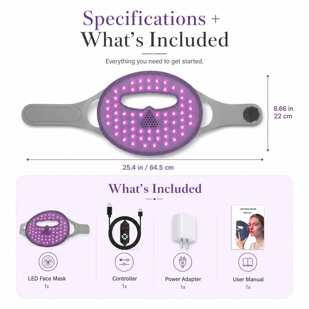 Pictures showing the specifications of a red light therapy mask.