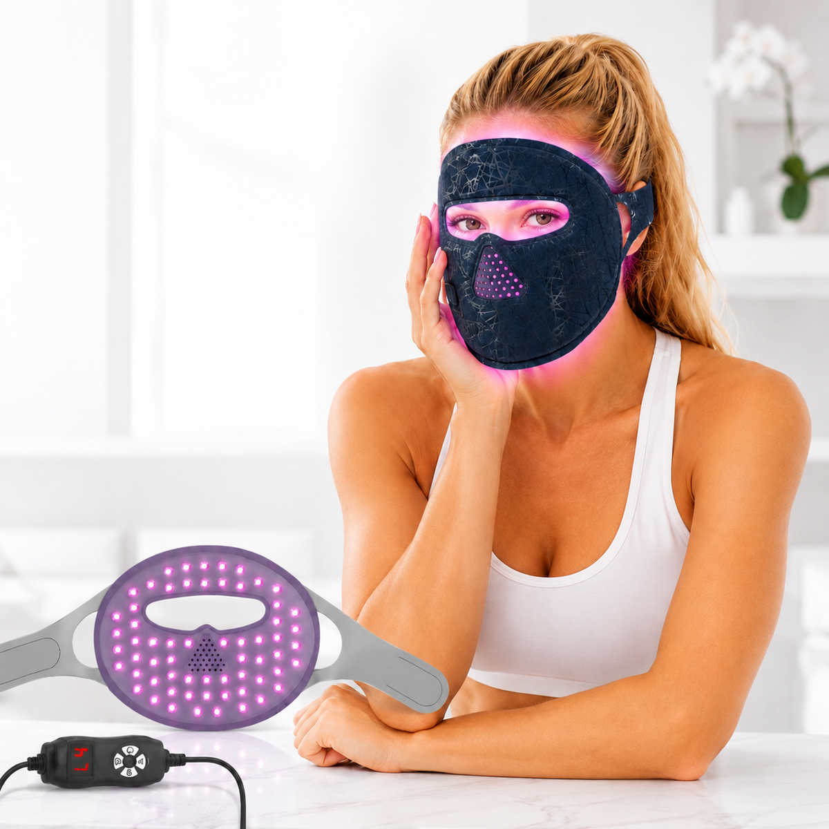 Woman wearing a red light therapy mask.