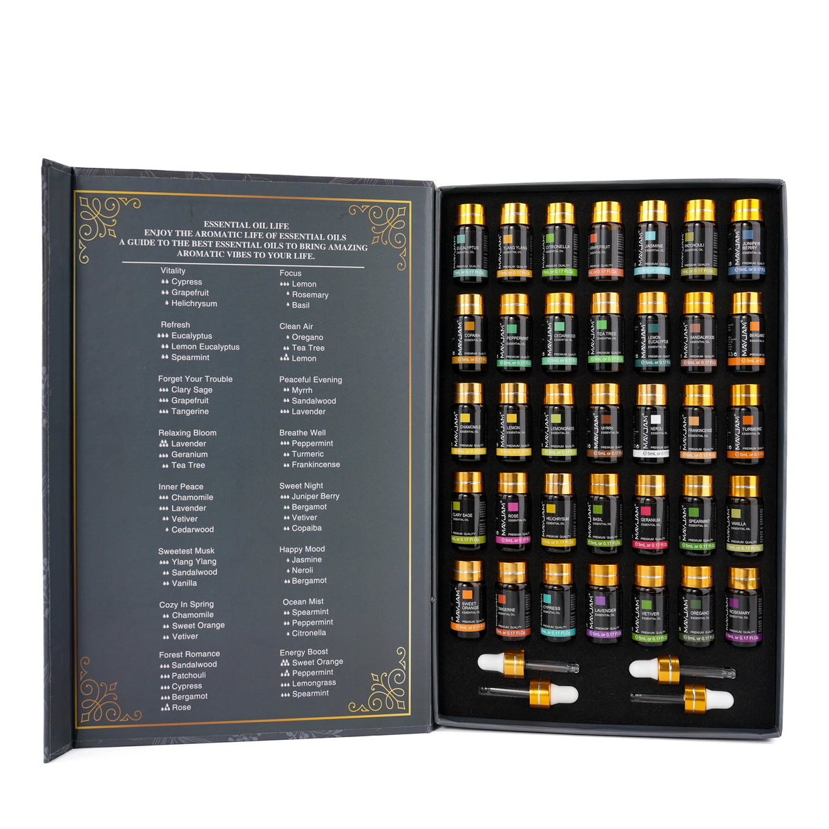 Set of essential oil bottles in a black display case with a list on the left side.