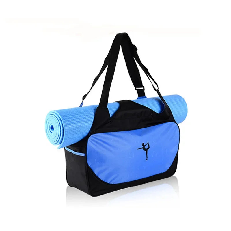 Diagonal View of a Black and Light Blue Waterproof Adjustable Gym Bag with Yoga Mat Carrier