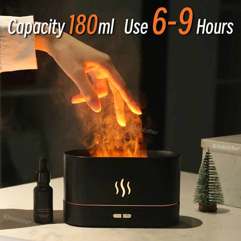 Black humidifier with flames and text indicating capacity and usage time, on a dark background.