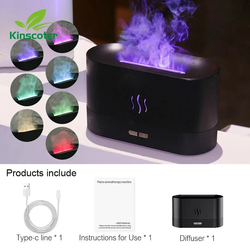 Black diffuser with colorful lights and included accessories on a white background