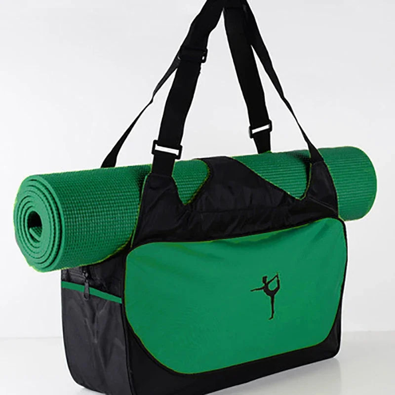 Diagonal view of a black and Green Waterproof Adjustable Gym Bag with Yoga Mat Carrier