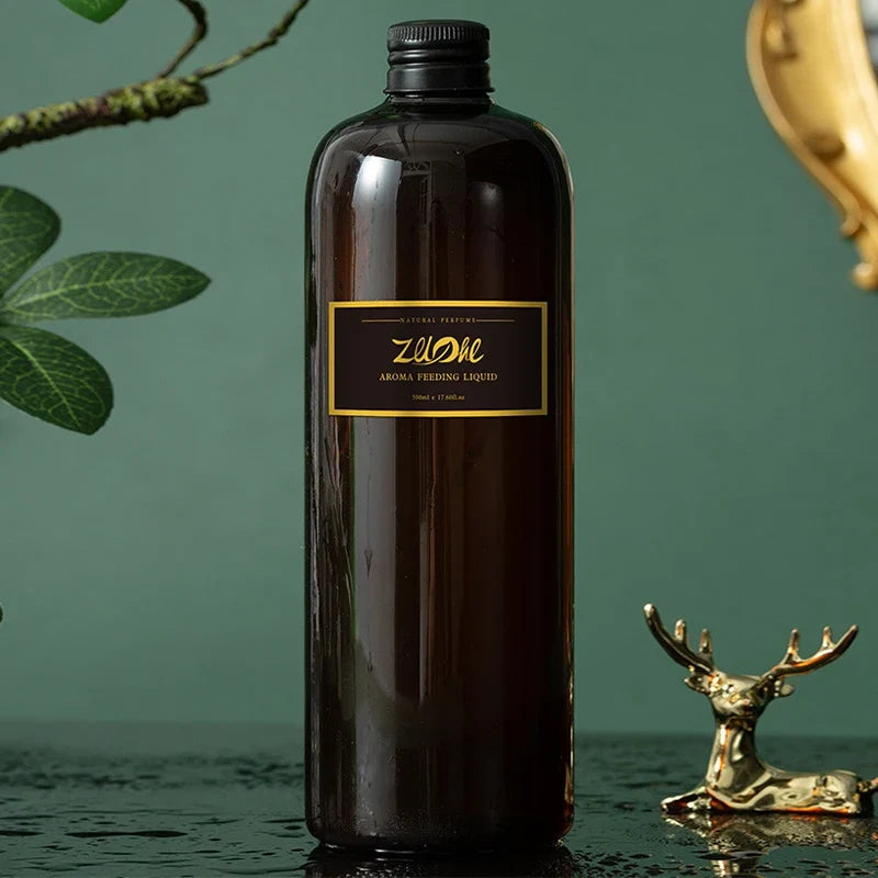 Dark glass bottle with gold label on a green background