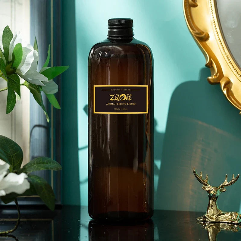 Brown bottle with a label on a reflective surface with decorative elements.