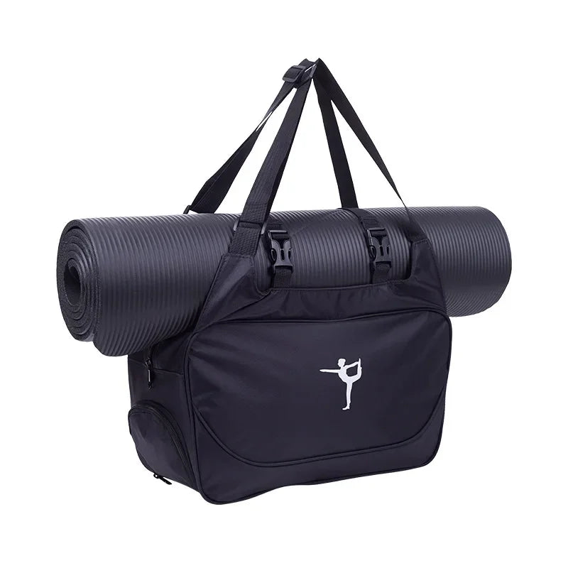 Diagonal View of a Black Waterproof Adjustable Gym Bag with Yoga Mat Carrier