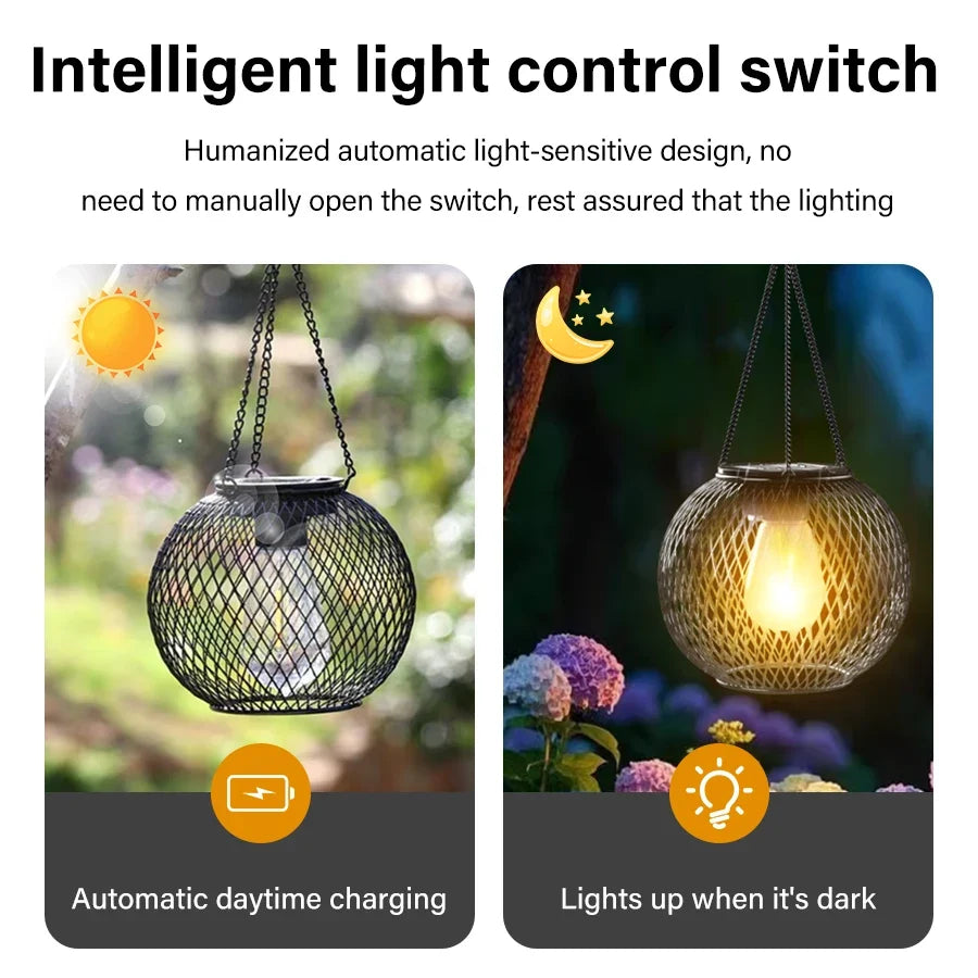 Outdoor Solar Iron Lantern Led Solar Lights Waterproof Decorative Hanging Lights for Tree Garden Yard