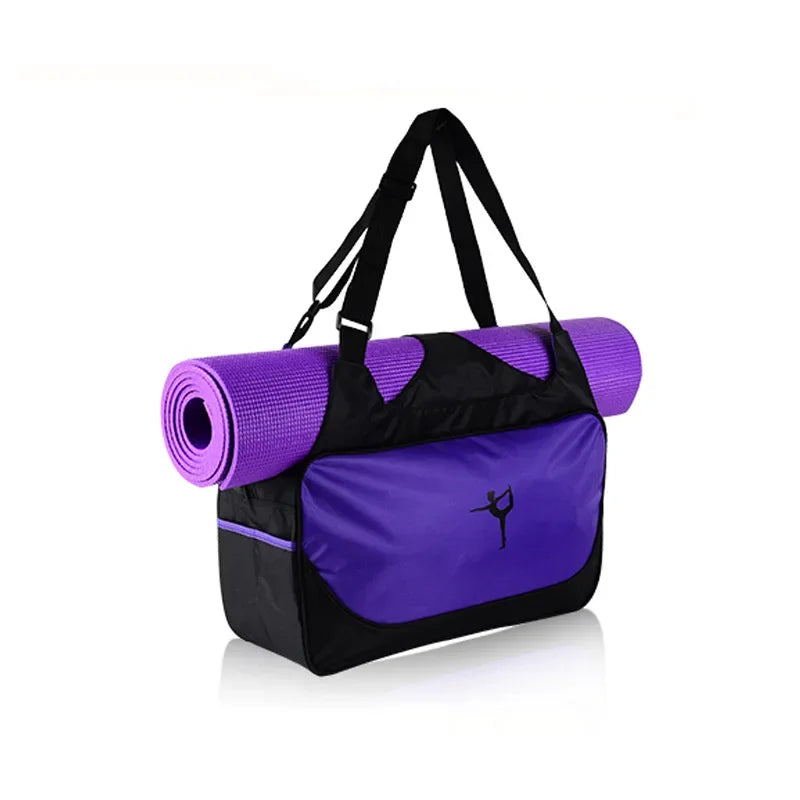Diagonal View of a Black and Purple Waterproof Adjustable Gym Bag with Yoga Mat Carrier