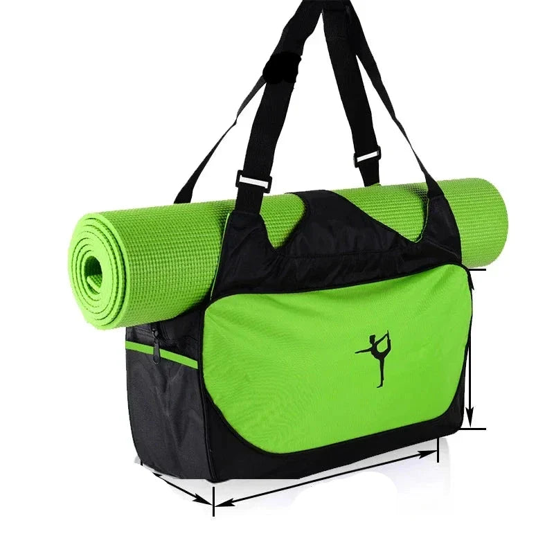 Diagonal View of a Black and Green Waterproof Adjustable Gym Bag with Yoga Mat Carrier showing dimensions
