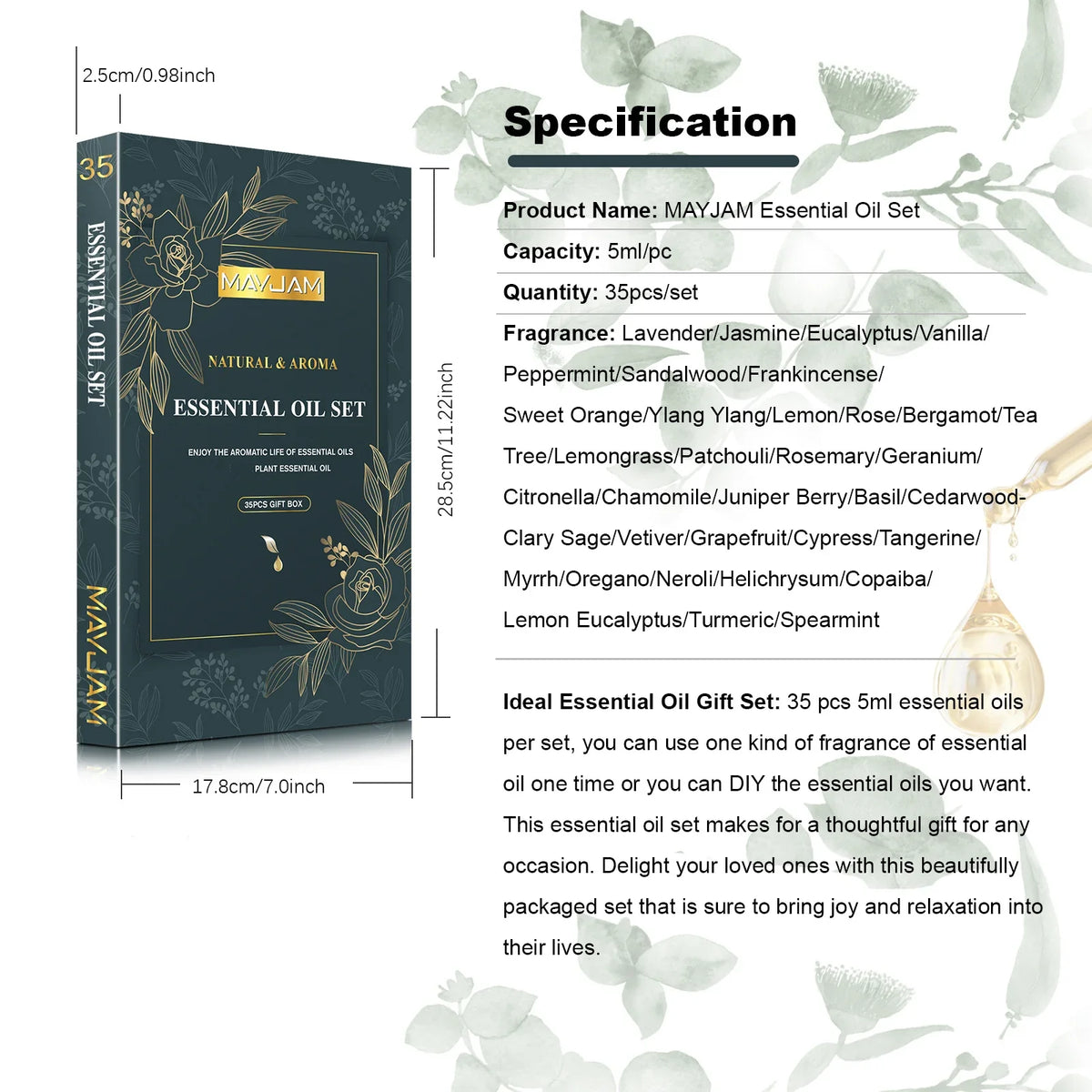 MAYJAM essential oil set packaging with product specifications on a white background