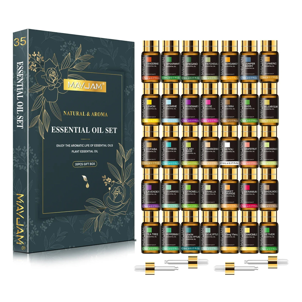 MAXJAM essential oil set with a dark teal gift box on the left and 30 small amber glass bottles with gold caps arranged in a grid on the right, plus three metal dropper accessories at the bottom. The bottles contain liquids with different colored labels, and the box is decorated with gold floral illustrations.