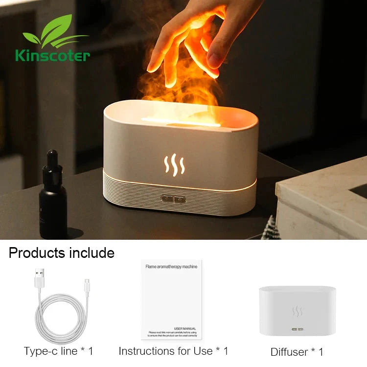 Kinscooter flame diffuser with hand holding a flame above it, displayed with included items.