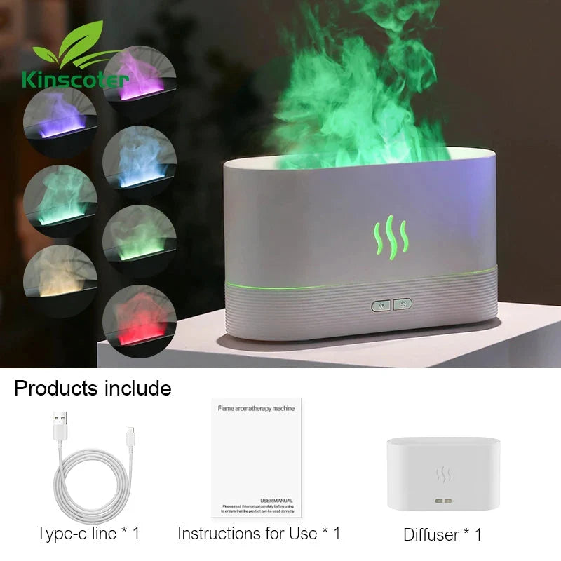 White diffuser with green smoke and colorful light display, Kinscooter brand visible.