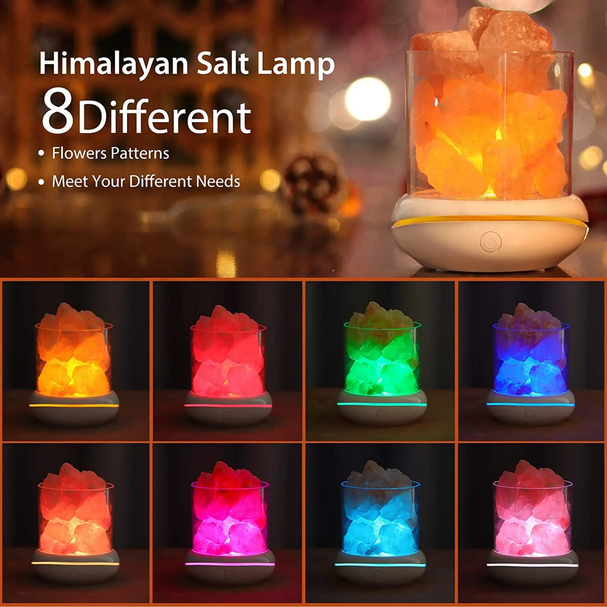 Pictures of eight different Natural Himalayan Salt Lamps