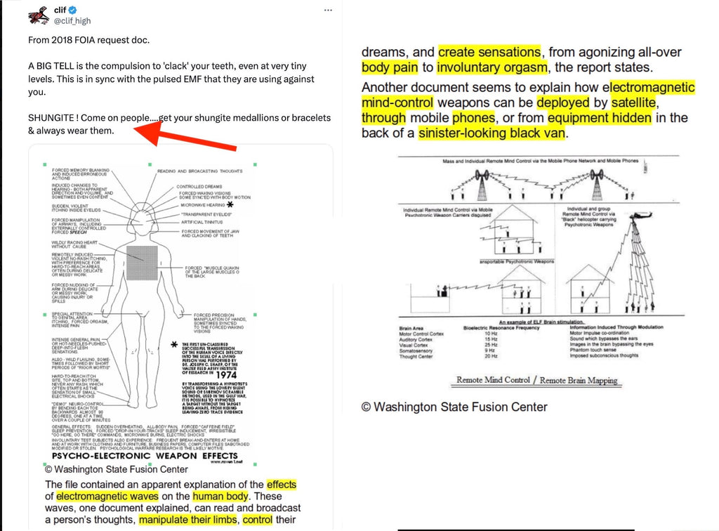 A scanned document page with text, diagrams, and highlighted sections in black and yellow. The page includes a red arrow pointing to a diagram, technical illustrations, and a Washington State Fusion Center copyright notice at the bottom.