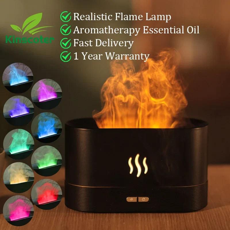 Realistic flame lamp with aromatherapy essential oil features and color-changing lights.