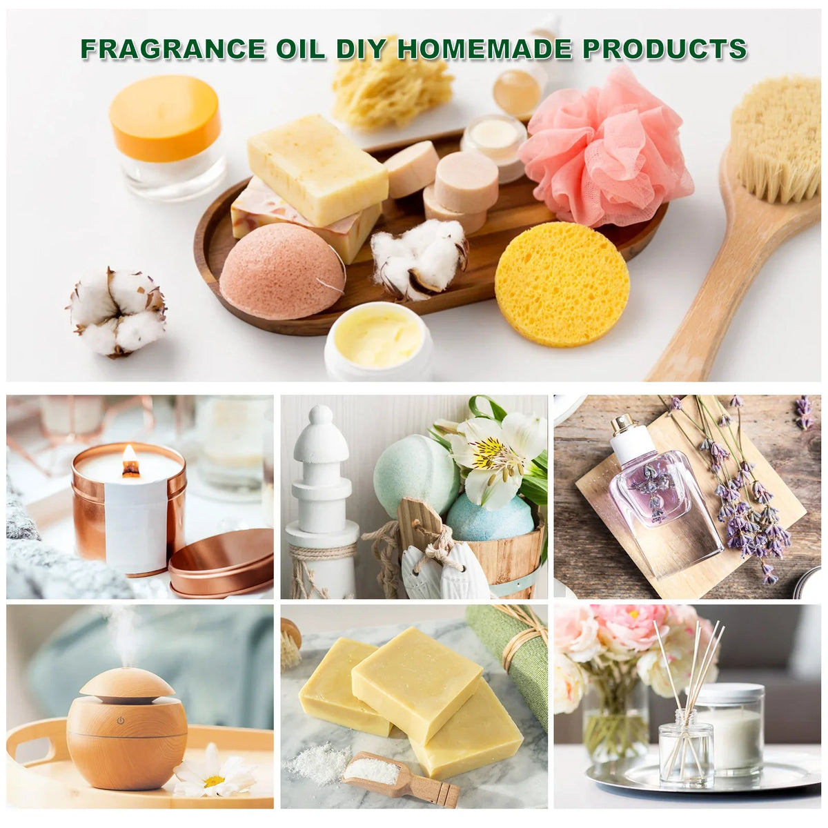 Collage of homemade fragrance oil products including candles, soaps, and diffusers on a white background.