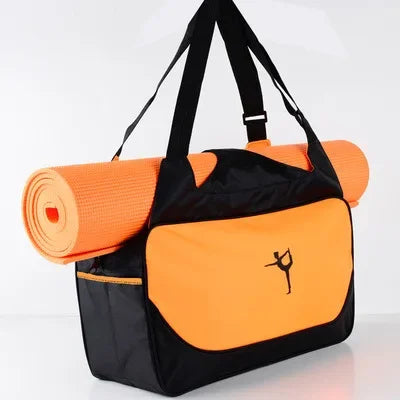 Diagonal View of a Black and Orange Waterproof Adjustable Gym Bag with Yoga Mat Carrier