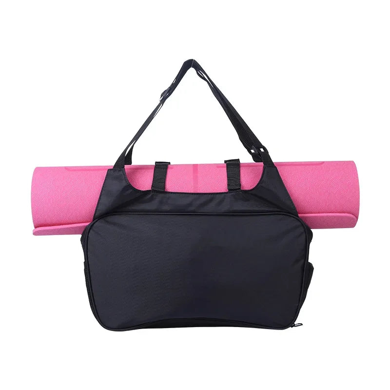 Black Waterproof Adjustable Gym Bag with Pink Yoga Mat.
