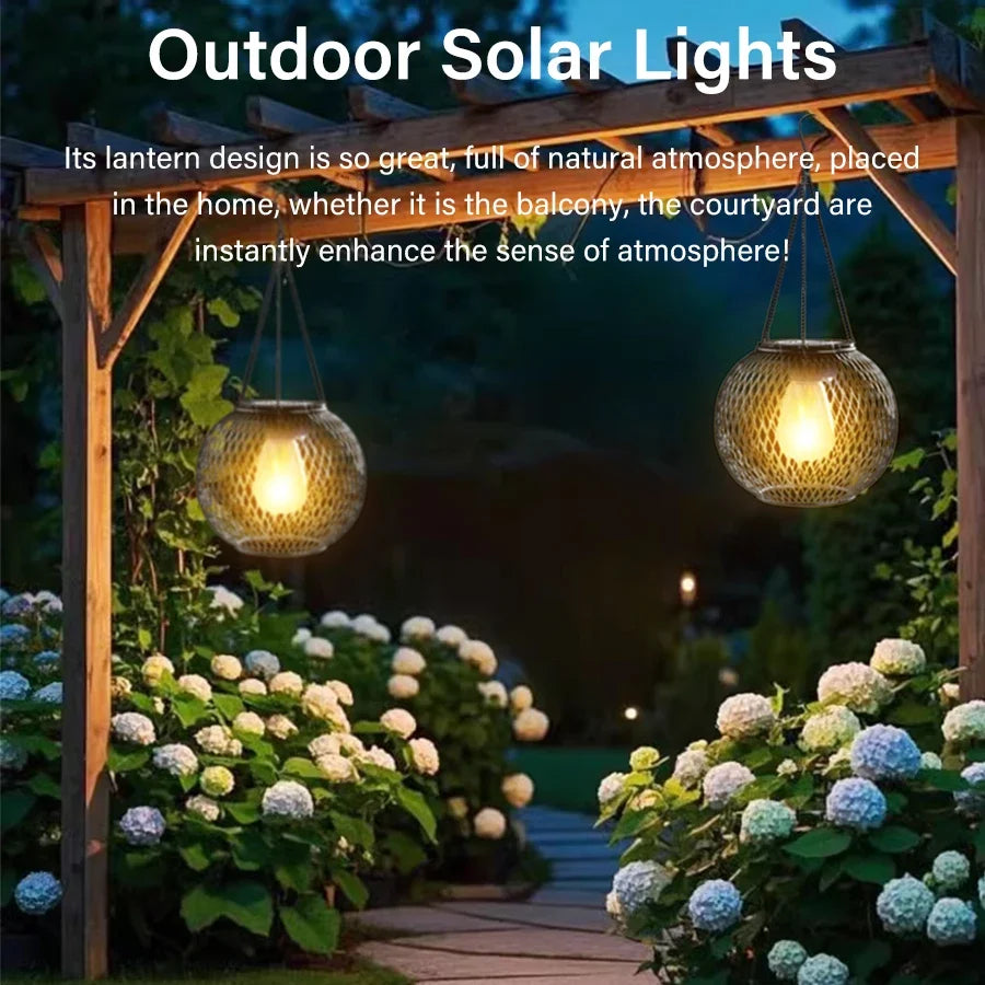 Outdoor Solar Iron Lantern Led Solar Lights Waterproof Decorative Hanging Lights for Tree Garden Yard