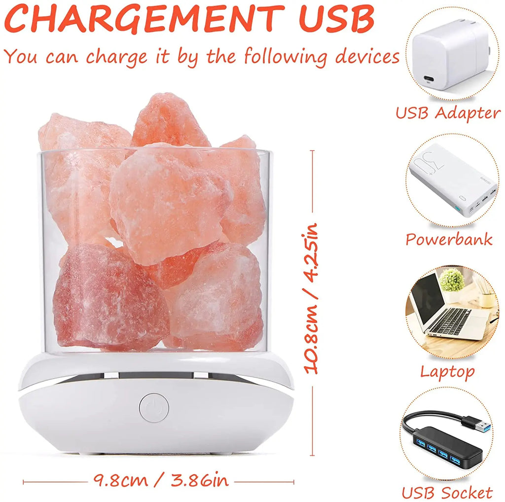 Picture of a Natural Himalayan Salt Lamp showing the dimensions and options for charging the lamp