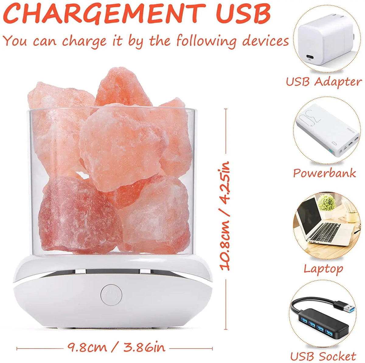 Picture of a Natural Himalayan Salt Lamp showing the dimensions and options for charging the lamp