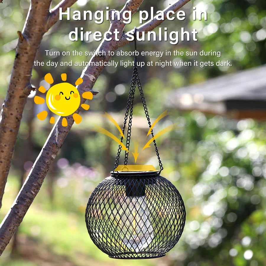 Outdoor Solar Iron Lantern Led Solar Lights Waterproof Decorative Hanging Lights for Tree Garden Yard