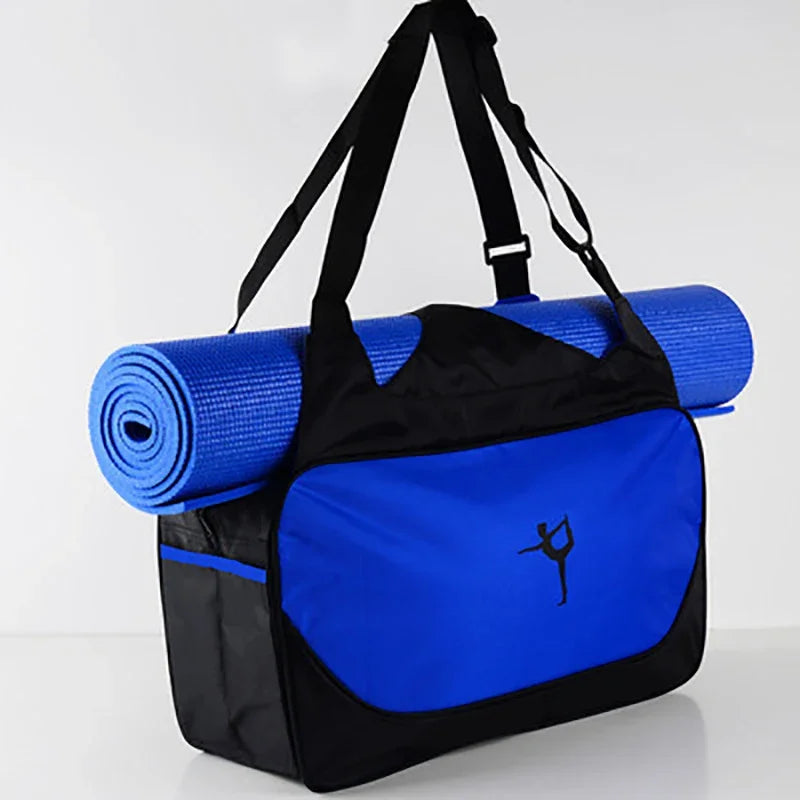 Diagonal View of a Black and Blue Waterproof Adjustable Gym Bag with Yoga Mat Carrier