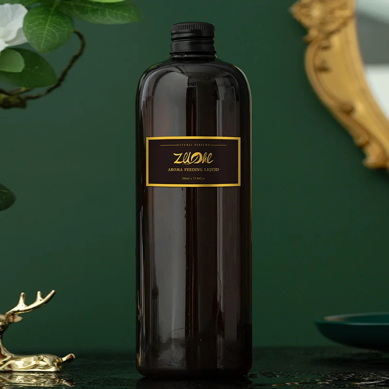 Dark glass bottle with gold label on a green background