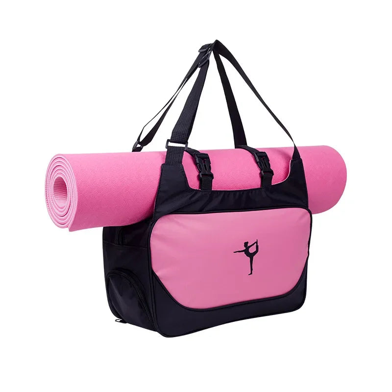 Diagonal View of a Black and Pink Waterproof Adjustable Gym Bag with Yoga Mat Carrier