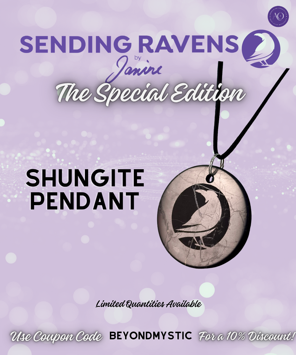 Promotional graphic for the 'Sending Ravens by Janini The Special Edition Shungite Pendant'. The image features a round silver-toned shungite pendant with a black bird engraving, hanging from a black cord against a light purple bokeh background with text overlays.