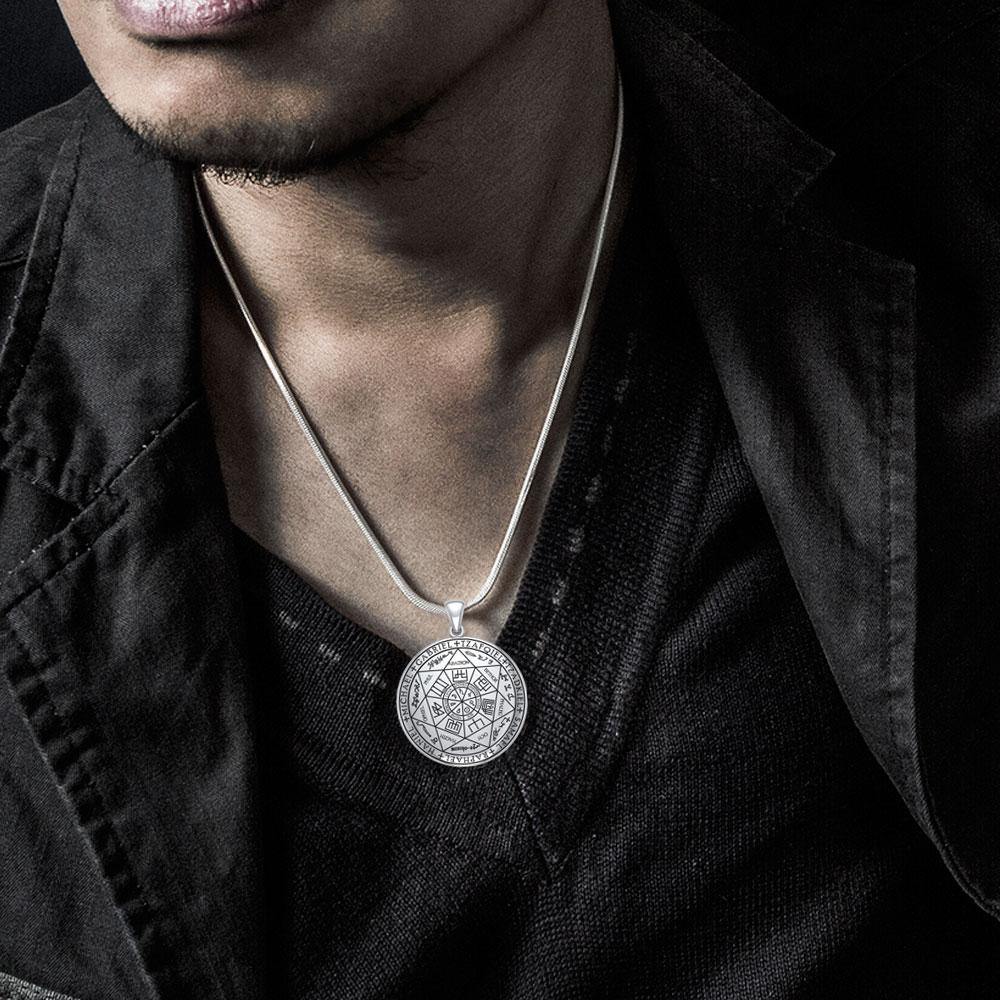 Seven Archangels Sterling Silver Pendant on a silver chain around a man's neck.