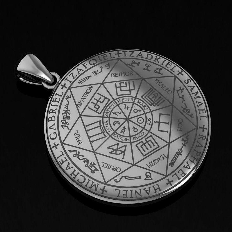 Seven Archangels Sterling Silver Pendant on a black background.