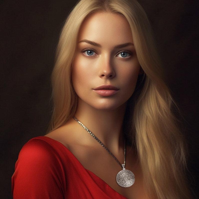 Seven Archangels Sterling Silver Pendant on a silver chain around a woman's neck.