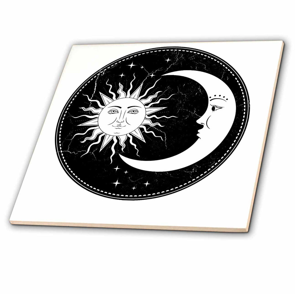 Decorative tile with sun and moon design on a white background