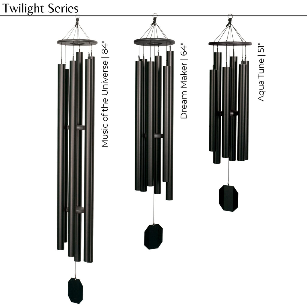 Three black wind chimes labeled 'Music of the Universe', 'Dream Maker', and 'Aqua Tune' on a white background.