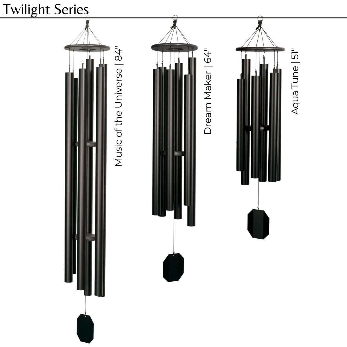Three black wind chimes labeled 'Music of the Universe', 'Dream Maker', and 'Aqua Tune' on a white background.