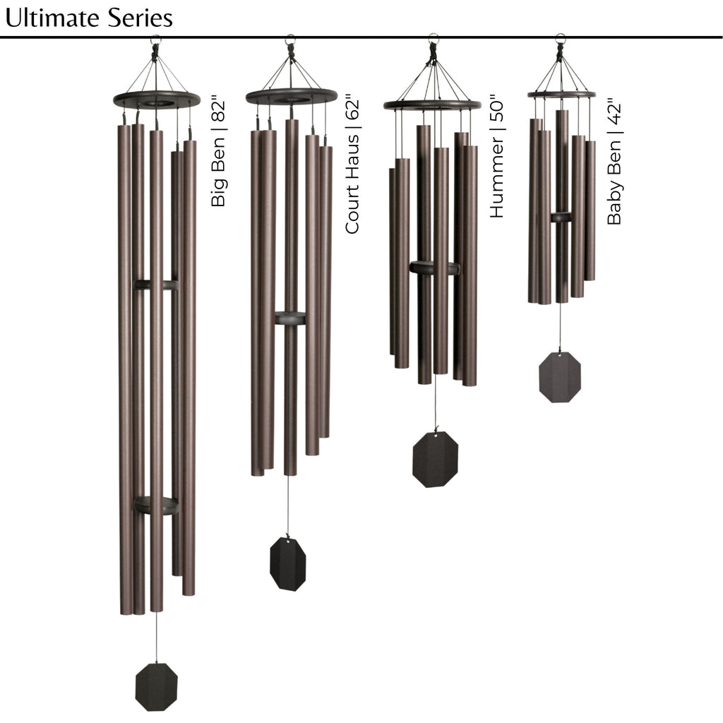 Set of wind chimes with labeled lengths on a white background