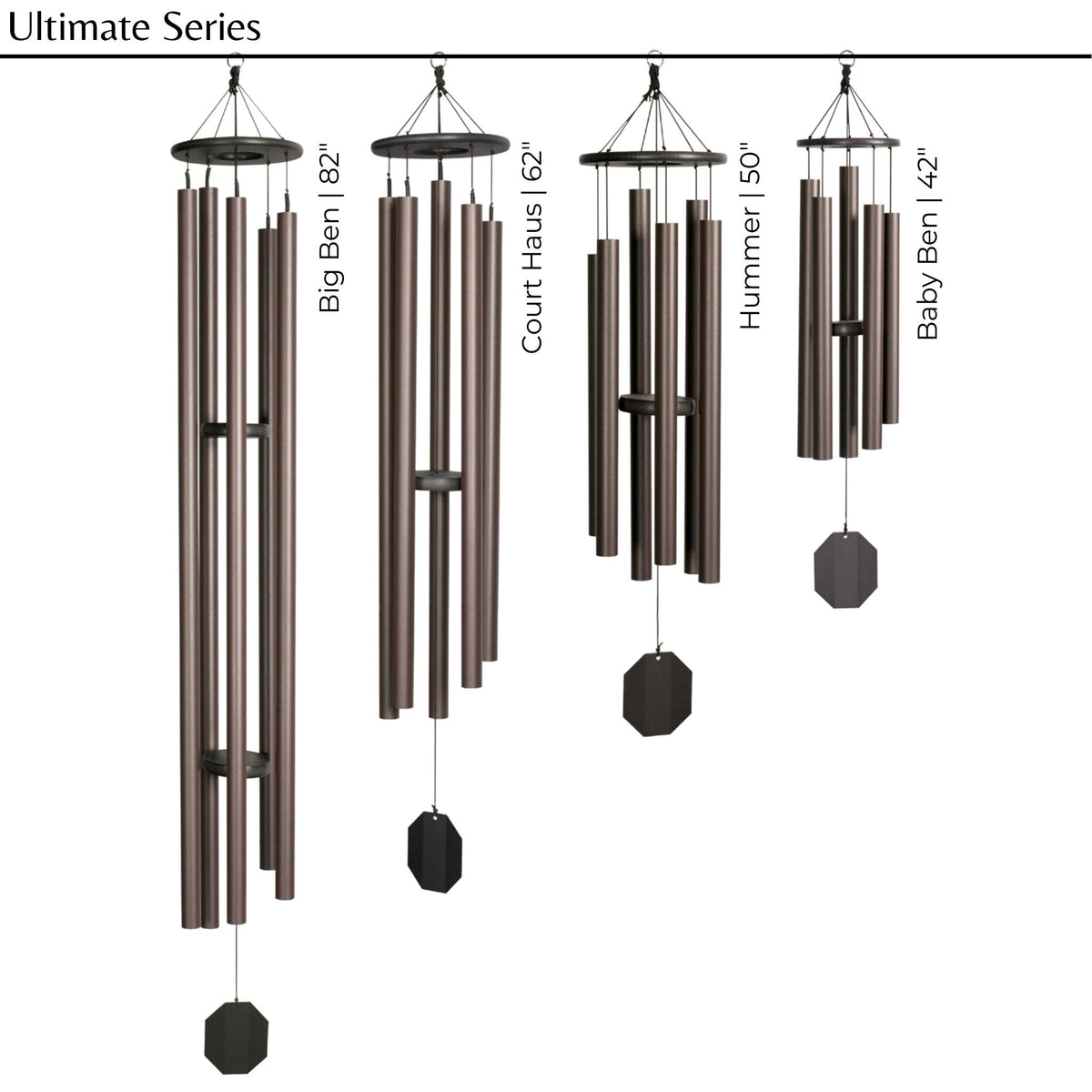 Set of wind chimes with labeled lengths on a white background