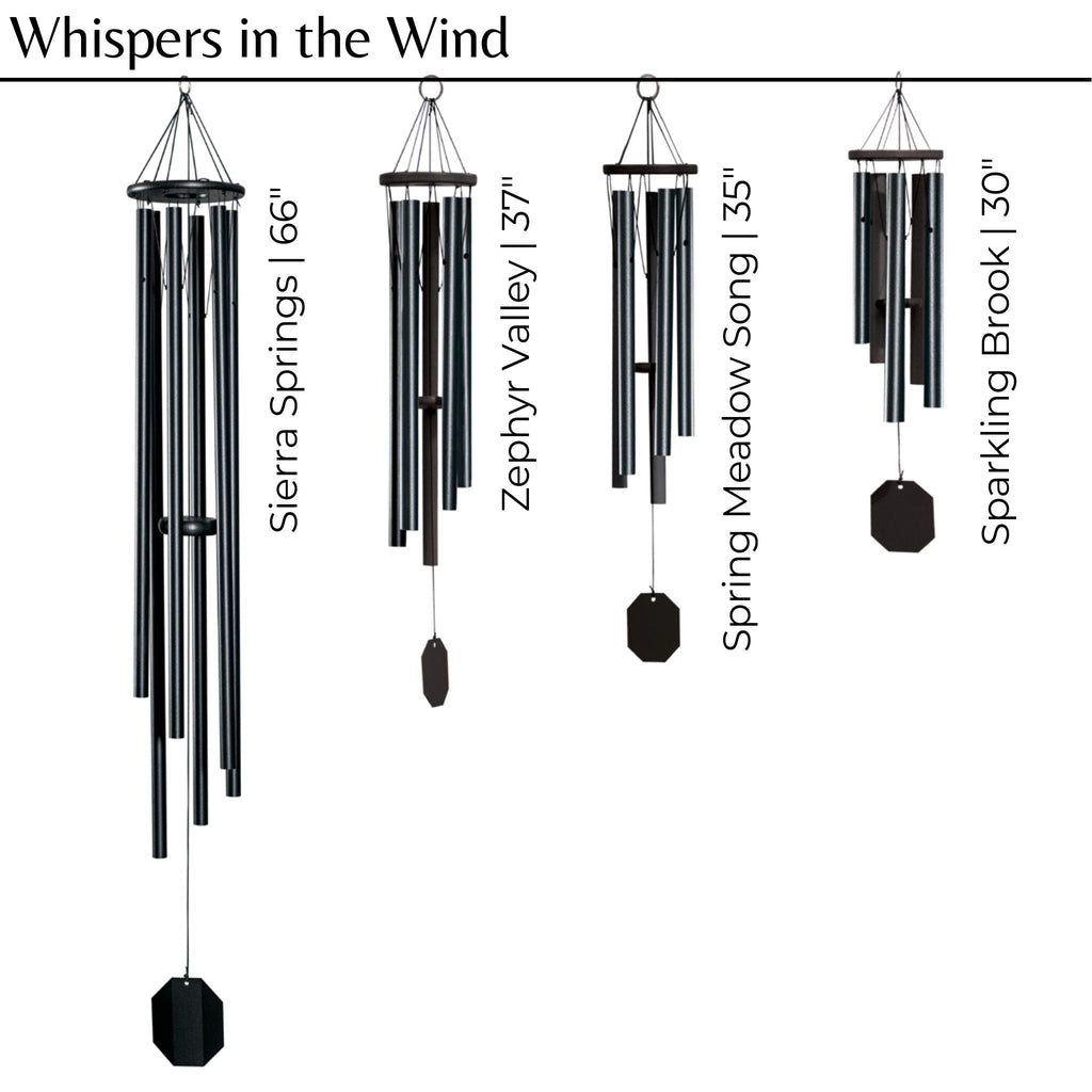 Set of four wind chimes with names and lengths on a white background