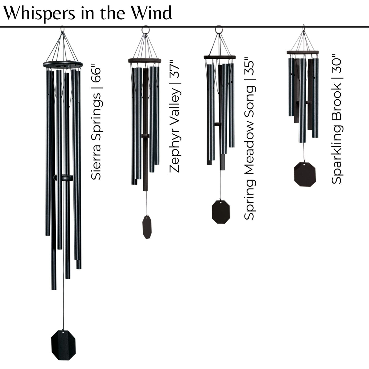 Set of four wind chimes with names and lengths on a white background