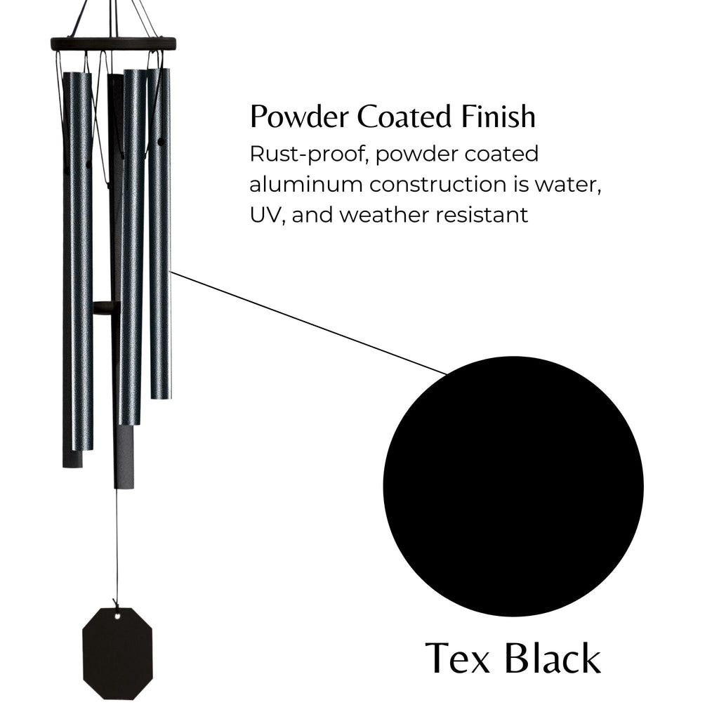 Black wind chime with text about powder-coated finish on a white background