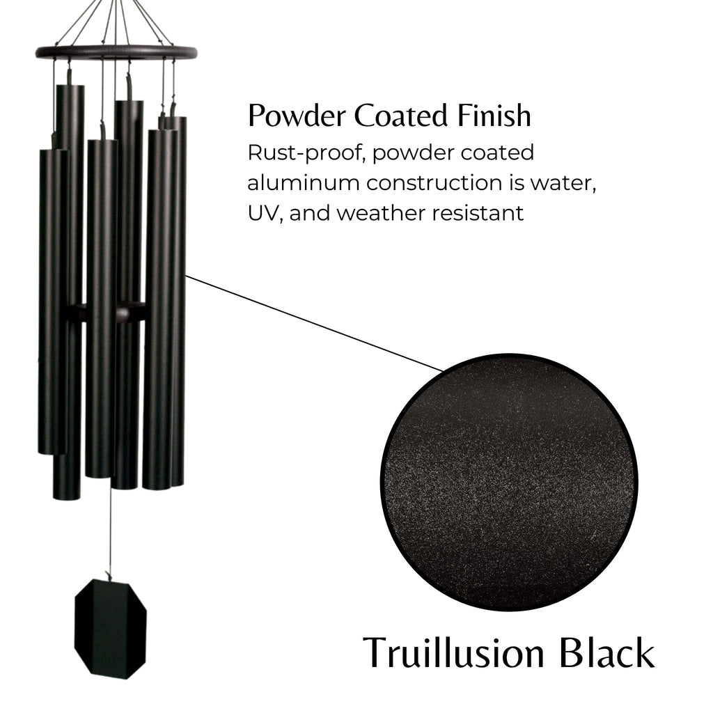 Black wind chime with powder-coated finish on a white background