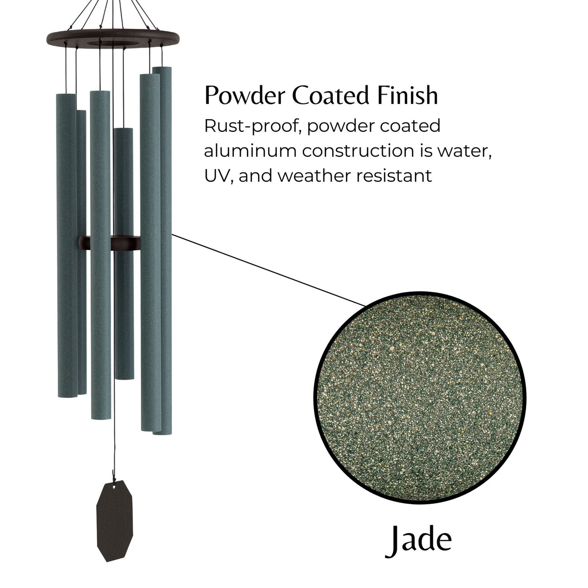 Solar-powered wind chime with 'Solar Singer' and details of a powder coated finish.