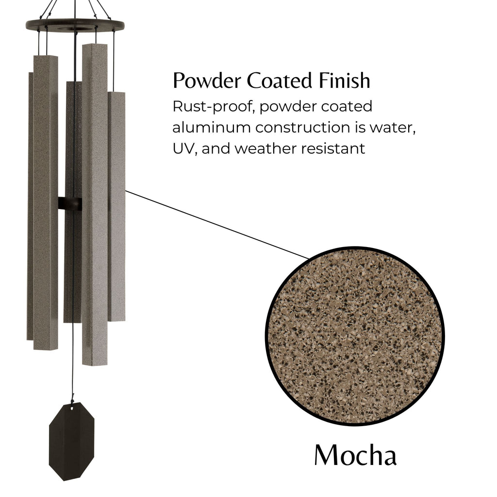 Wind chime with powder-coated finish and close-up of mocha color swatch on a white background