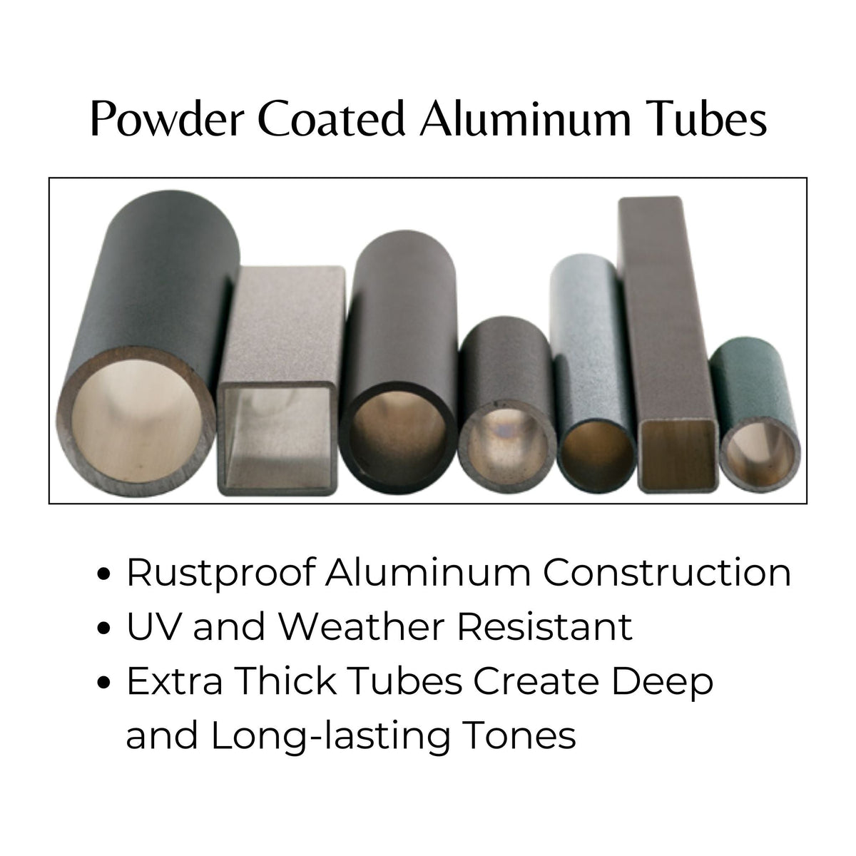 Powder-coated aluminum wind chime tubes showing weather-resistant construction