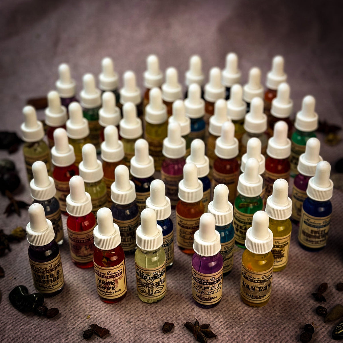 A top view of a collection of essential oils.